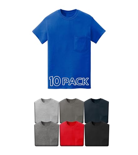 Men's Heavy Cotton 5300 Pocket T-Shirt Multipack, Bulk Unisex Short Sleeve Crew Tee - Custom Color Set, Camiseta Con Bolsillo
