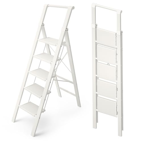 HillhutApex 5 Step Foldable Aluminum Step Ladder with Handgrip, Anti-Slip Pedal, 330 lbs Capacity, Lightweight & Portable for Home, Kitchen, Office, Garage (White)