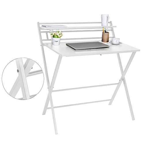 Folding Study Desk, Folding Laptop Table Home Corner Desks Simple Computer Desk with Shelf for Small Space Home Office (White2) - Thumbnail 4
