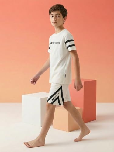 Image of Li'l Tomatoes Boys 100% Cotton Night Suit Set | Half Sleeve T-Shirt & Shorts | Color Block & Typography Print | Soft & Breathable Sleepwear | Casual Summer Wear | 9-16 Years