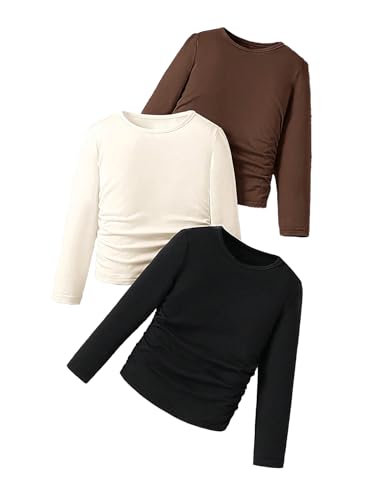 OYOANGLE Toddler Girl's 3 Pack Long Sleeve Ruched T Shirts Crew Neck Plain Tees Basic Layering Tops