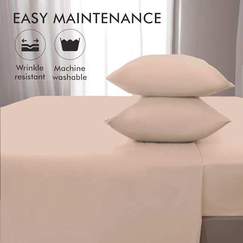 Parure de lit complète avec drap plat drap-housse taie oreiller beige simple - 8