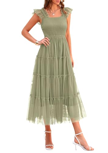 PRETTYGARDEN Women's Summer Tulle Midi Dress Sleeveless Smocked Ruffle Flowy Mesh Dresses Party Wedding Guest Sundress (Light Green,X-Large)
