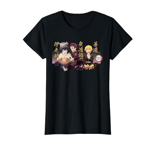 Demon Slayer: Kimetsu no Yaiba Inosuke Tanjiro Lunch Scene T-Shirt, Women, Black, Large