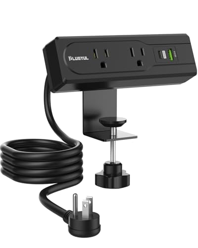 PLUGTUL Desk Clamp Power Strip 6FT, Outlet Station with 3 Outlets, PD 20W Fast Charging, Flat Plug, 16 Gauge, Black with USB C, Fits 1.72