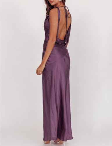 Image of KOUNAI Satin Backless Formal Maxi Dresses for Women Wedding Guest | Silk,Cowl Neck,Drape Neck,Open Back,Sleeveless,Tie Back,Elegant,Cocktail,Bridesmaid,Beach,Vacation,Party,Graduation,Midi