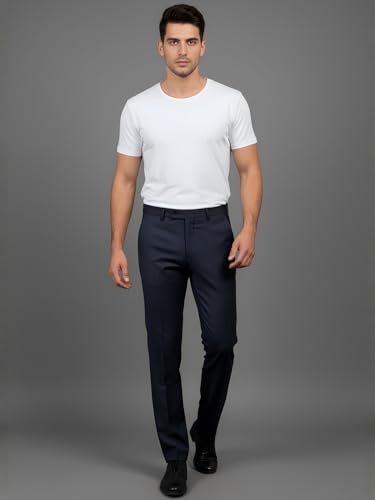 Image of LIVE IN Mens Navy Blue Cotton Slim Fit Mid Rise Solid Formal Trousers