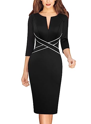 VFSHOW Womens Work Business Casual 3/4 Sleeve Slimming Fitted Front Zipper Crisscross Waist Office Party Pencil Sheath Dress