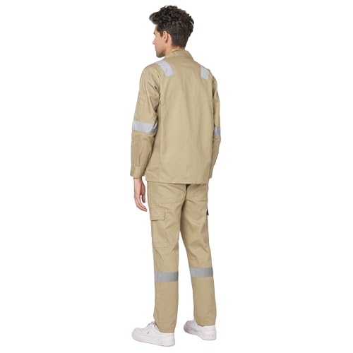 Image of Men's 100% Cotton Industrial Workwear Jacket & Pant Set with Reflective Tape, OEKOTEX, 200 GSM.