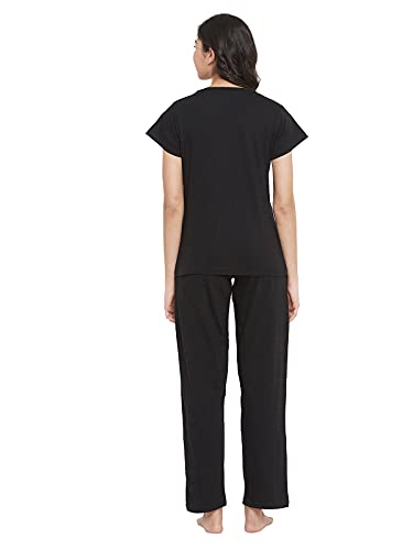 Image of Clovia Women's Cotton Printed Top & Solid Pyjama Set - Black