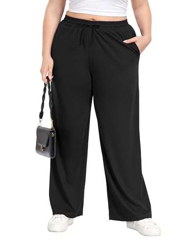 Lastshe Women's Plus Size Casual Pants Elastic Waist Wide Leg Loose Fit Pajama Drawstring Home Pants with Pockets2