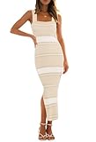 MEROKEETY Womens Summer Striped Bodycon Midi Dress 2026 Beach Vacation Sleeveless Tank Ribbed Knit Baby Shower Sweater Dress, New Beige, XS