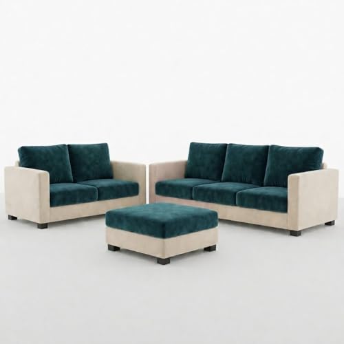 Image of FURNY Haster 3 Seater + 2 Seater Fabric Sofa Set with 1 Ottoman (Green Teal-Cream) with Velvet Finish | Durable Comfort | Ideal for Living Room