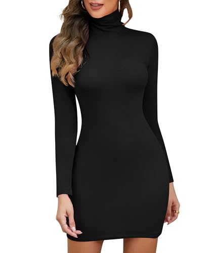 SHAPERIN Women's Jumper Dress Turtle Neck Knitted Dress Long Sleeve Fleece Lined Mini Dresses Winter Black L