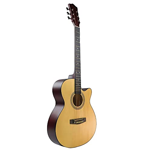 Image of Henrix 40C 40 Inches Basswood Cutaway Acoustic Guitar with Dual Action Truss Rod, Gigbag, Picks, String Set, Strap, Cloth & Ebook- Natural