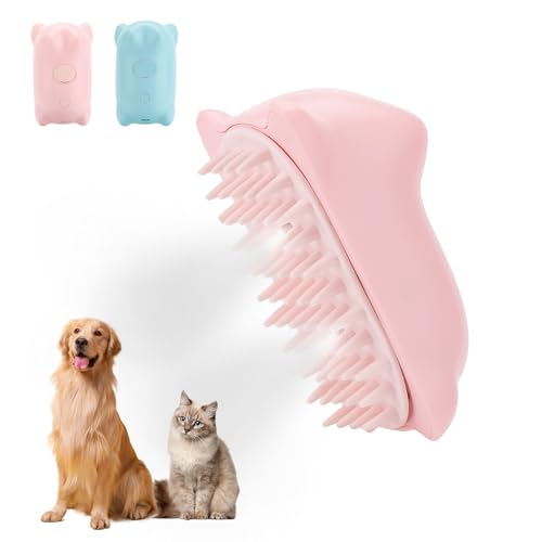 Chinoket Spazzola a Vapore 3 in 1 per Cani e Gatti - Pettine per Toelettatura e Rimozione dei Peli Con 2 Spruzzi (Rosa)
