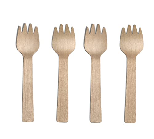 105mm Small Wooden SPORKS - Pack of 100 - Eco-Friendly, Compostable and Biodegradable Birch Wood Mini Sporks Perfect for Party, BBQ, Picnic, Catering, Dinner, Buffet and Takeaways