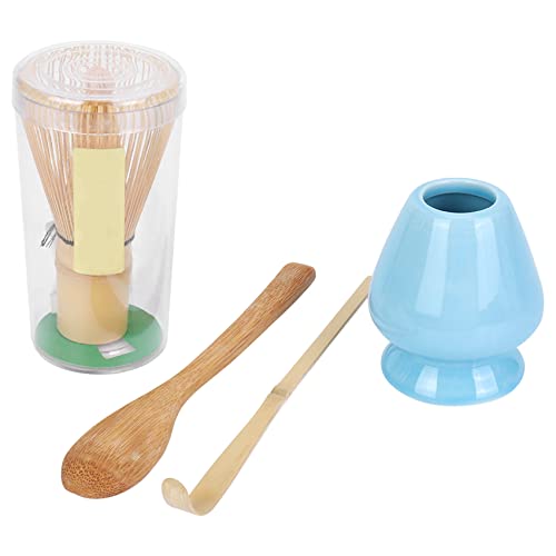 Jkjhbhged Whisk Set Bamboo Tea Set of 4 Including 100 Whisk (Chasen), Traditional Scoop (Chashaku), Tea Spoon, Whisk Holder Blue Color