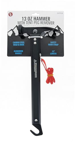 Image of SE 12" Black Aluminum Claw Hammer with Tent Peg Remover - 13oz, Carbon Steel Head, Wide Digging Claw, Flat Face, Safety Hand Strap - Ideal for Camping & Outdoor Use