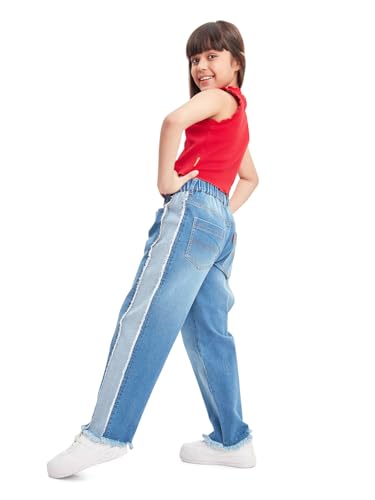 Image of olele Girls Super Jeans Collection for 4-14 Yrs | Stretchable Cotton Denim Trousers | Blue Jeans for Kids | Baggy Denim Pants | Cargo Pants for Girls