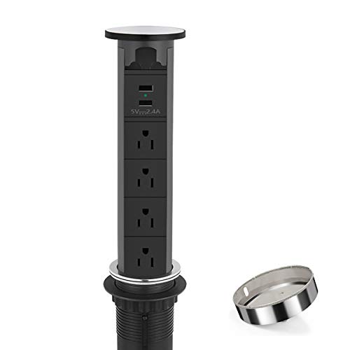 Electric Pop Up Outlet for Kitchen Counters, Black Automatic Pop Up Countertop Outlet, Balck Pop Up Socket with USB Charging, Hidden Desk Outlet with Hole Saw..