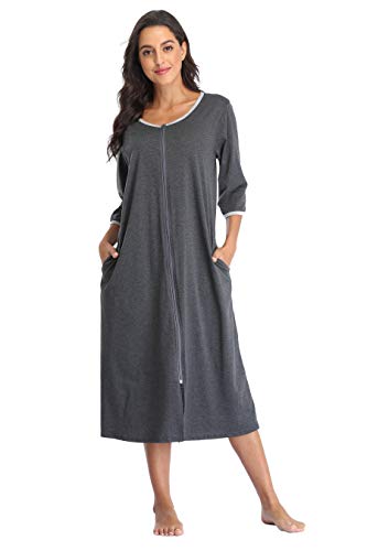 Kasual Womens Zipper Front Robes 3/4 Sleeve Housecoat Long Nightgowns Loose Loungewear with Pockets