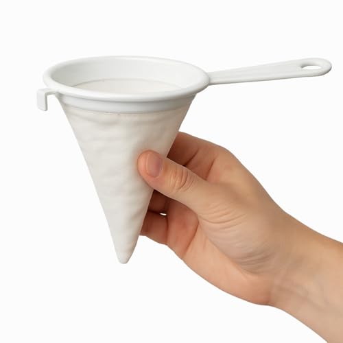 CHEFZOCO Colador de Cocina Multiuso de Tela, Colador kefir, Utensilio para colar cafe, Filtro Eficiente para Aceite y Jugos, Mango de plástico, Con 2 ganchos de sujeción, Diámetro del colador 10 cm