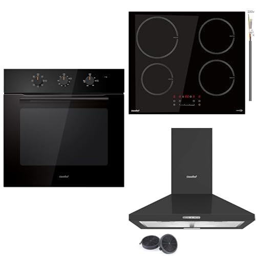 COMFEE' Forno Elettrico da Incasso Ventilato + 7400W Piano di Cottura a Induzione da Incasso con 4 Zone + Cappa Aspirante 60 cm PYRA17B-60 Nera Cappa Cucina con LED