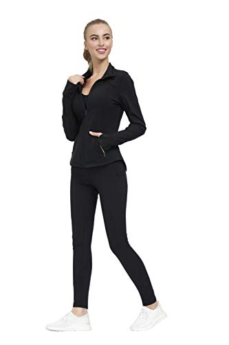 Dolcevida Women\'s Slim Fit Workout Track Jackets Full Zip Stretchy Warm up Active Running Jacket with Thumb Holes (Deep Black, L)