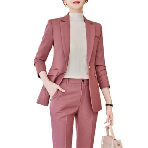 Women Tempeament Business Interview Slim Blazer and Pants Sets Office Ladies Work Wear Pink Suits2