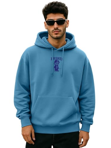 Image of Veirdo Polycotton Spun Oversized Fit Hooded Sweatshirt Full Sleeves Front Chest Graphic Printed Drop Shoulder Jumper Hoodie for Men (Colors: Blue, Black, Gray, Smoke Pine & Peach)