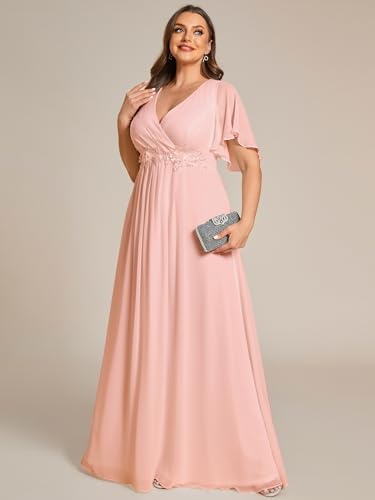 Image of Ever-Pretty Short Sleeves V Neck Plus Size Formal Dresses for Curvy Women Chiffon Mother of The Bride Dress Evening Gowns