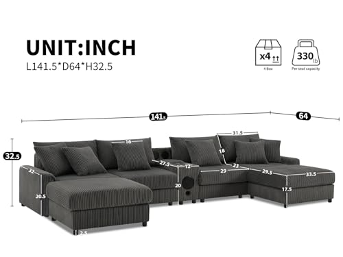 Image of Merax 6 Seater Corduroy Sectional Modular Couch Sofa w /Bluetooth Speakers, U Shaped Deep Seat Cloud Comfy Couches Sofa w /Console, USB Charger, Cup Holders, Storage, Ottoman Chaise for Living Room