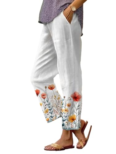 Boho Floral Pants for Women Casual Lightweight Straight Leg Pants Comfy Elastic Waisted Women's Trousers Pockets
