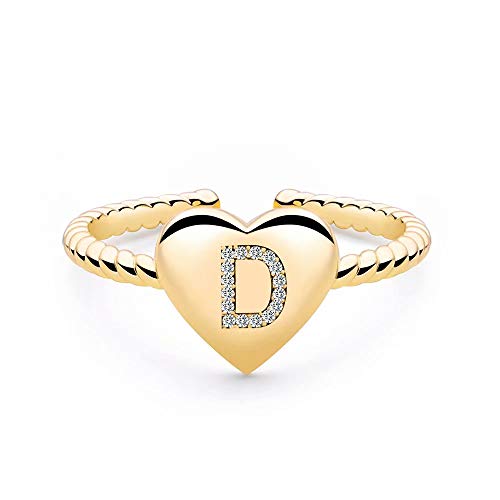 Gold Rings for Teen Girls Women, Gold Plated Heart Capital Letter Initial Rings for Women Teen Girls, Open Cute Initial Ring Alphabet Personalized Finger Rings Best Jewelry for Teen Girls (D)