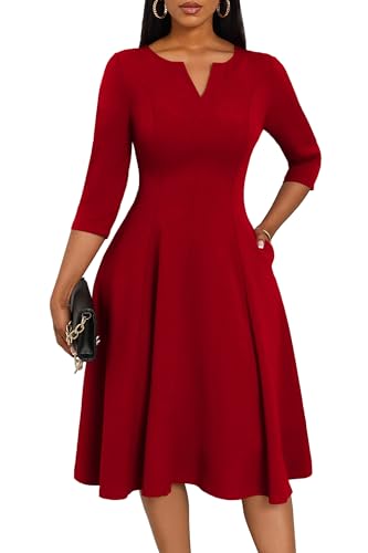 Nmoder Midi Dresses for Women A-Line Fit and Flare Dress 3/4 Sleeve V Neck Cocktail Wedding Guest Work Dress with Pockets