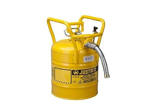 Image of Justrite AccuFlow 5 Gallon Type II Galvanized Steel Transport and Dispensing Flammable Safety Can with 1 inch Flexible Spout, Yellow, 7350230