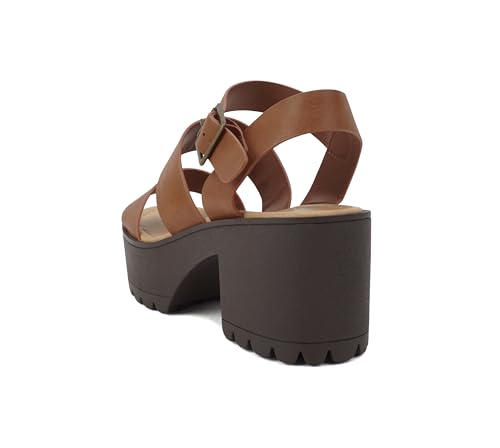 Image of Soda ACCOUNT ~ Women Open Toe Two Bands Lug sole Fashion Block Heel Sandals with Adjustable Ankle Strap