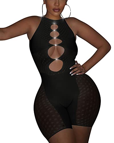Doweha Sexy Sleeveless Mesh Shorts Black Jumpsuits for women Summer Bodycon Party Club Romper Glitter Rhinestone Up Polka Dot Outfit L