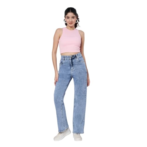 Image of Wide Leg Plain Jeans for Women & Girls I Denim Flared Straight Baggy Pant I Stretchable Comfortable High Waist Clean Look Loose Fit Pants for Office Party Home