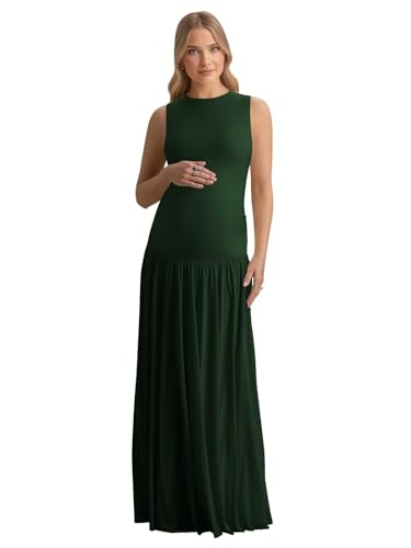 Wenlion Emerald Green Maternity Wedding Guest Dress Stretchy Satin Pregnancy Women Photoshoot Long Formal Fall Baby Shower Dress L-XL
