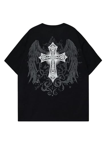 SHENHE Men's Graphic Cross Wing Pring Y2k Goth Top Crew Neck Short Sleeve Tee Shirt