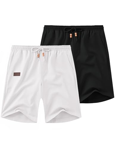Image of COOFANDY Mens Casual Linen Shorts Elastic Waist Drawstring Loose Fit Summer Beach Vacation Shorts with Pockets