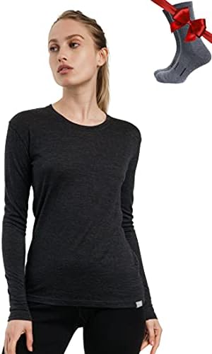 Merino.tech Merino Wool Base Layer Women 100% Merino Wool Lightweight Long Sleeve Thermal Shirts + Wool Socks (Large, 165 Charcoal)