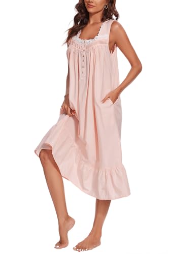 Image of AVIIER 100% Cotton Nightgowns for Women Sleeveless Sleep Dress Ladies Gowns Sleepwear with Pockets