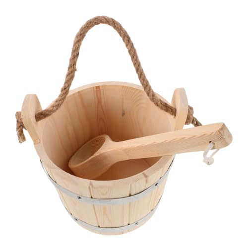 GAROZATION Wood Sauna Bucket and Ladle Set for Steam Room Use Natural Wooden Barrel Water Dipper Spoon High-temperature Resistant Sauna Accessories and Spa Bath