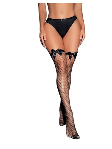 Image of SOLY HUX Women's Fishnet Thigh High Socks Bow Front Over the Knee Stockings
