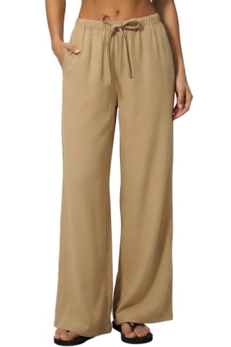 QINSEN Women's High Rise Drawstring Elastic Waist Palazzo Pants Wrinkle-Free Flowy Drape Wide Leg Lounge Trousers Khaki M