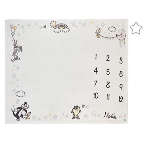 Image of Warner Brothers Looney Tunes Best Buds White with Pastel Blue, Pink, and Yellow Bugs Bunny, Tweety, Tasmanian Devil, and Sylvester The Cat Milestone Blanket