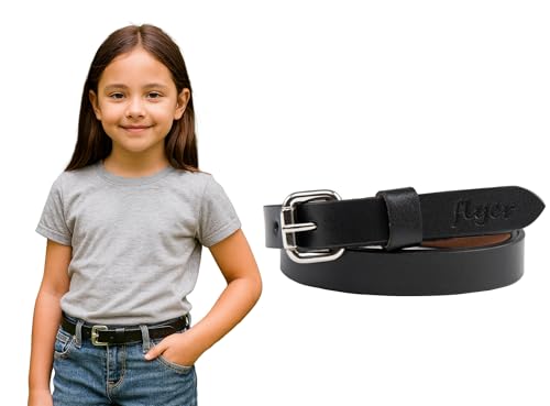 Image of Flyer Girls Black Leather Belt - Genuine Leather Kids Belt for wear on Jeans, Dress, School & Party - Adjustable Stylish for Girls 2-14 Years | 2 Years Warranty BL1281